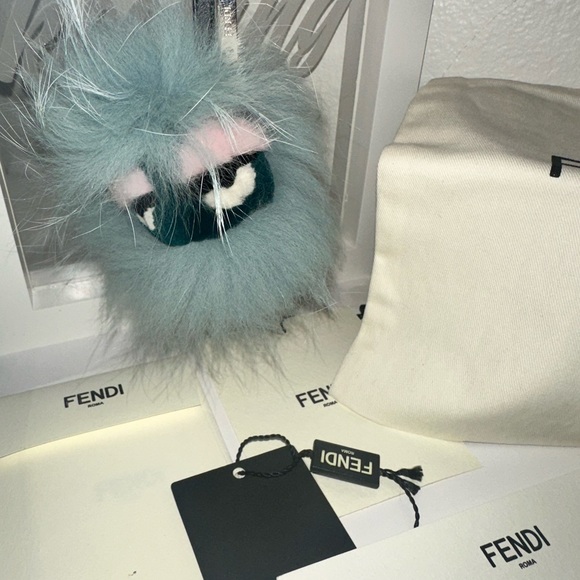 FENDI Fox Mink Rabbit Fur Vitello Flamingo Mini Monster Bag Bug light blue - Picture 7 of 8